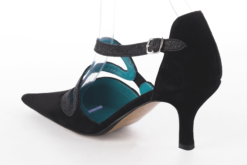 Matt black women's open side shoes, with snake-shaped straps. Pointed toe. High slim heel. Rear view - Florence KOOIJMAN